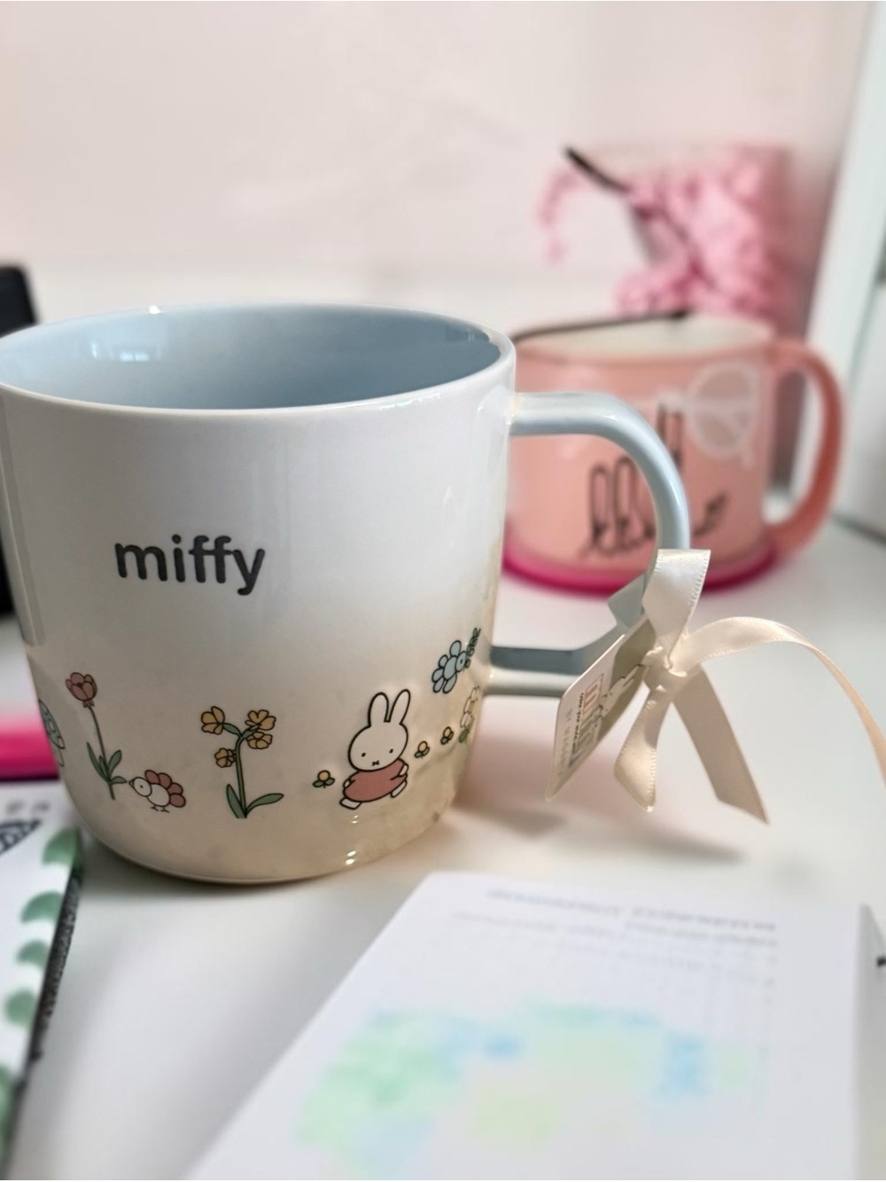 Miffy K Ceramic Mug - White with Pastel Floral Design with blue